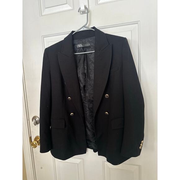 Zara Blazer Women's Size L Black Long Sleeve Peak Lapel Double-Breasted Blazer - Picture 4 of 7